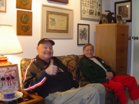 Terry and former boxer, David "Punch" Worthington discuss the need for research at Terry's home on January 29, 2006