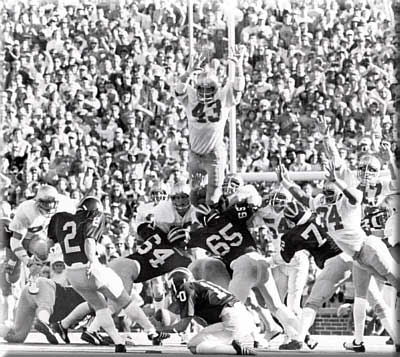 Jack's son, Bob Crable, #43, soars high above the line of scrimmage to block the potential game winning field goal, preserving ninth-ranked Notre Dame's victory over sixth-ranked Michigan.