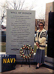 Eleanor placing a wreath at the Wall of Honor